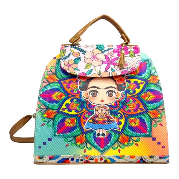 Artisan Made Frida Kahlo Canvas Faux Leather Tote Backpack From Coyoacan Mexico - Picture 6 of 14